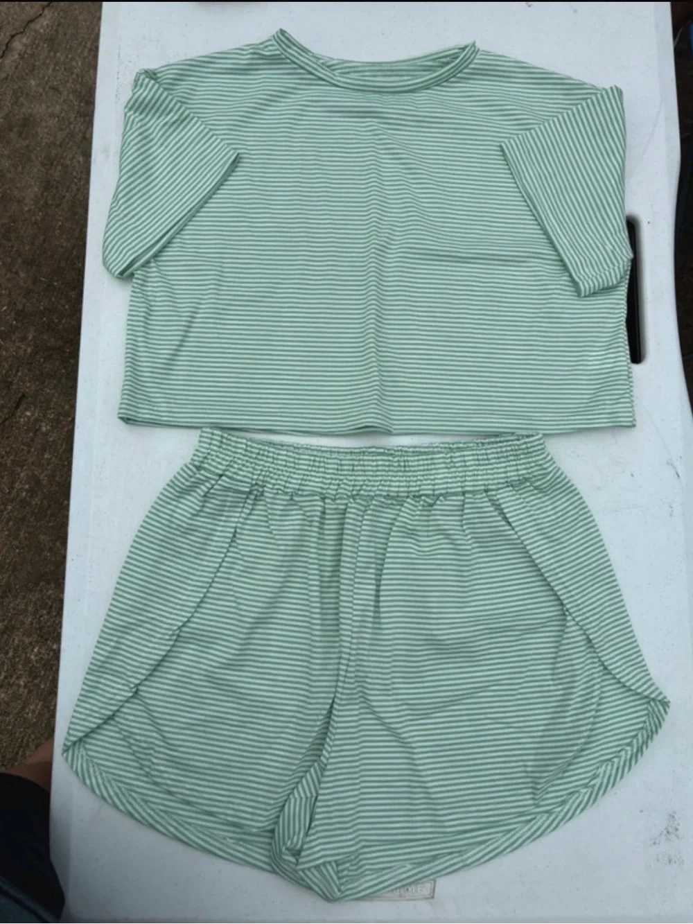 Amazon Women's Mint Green and White Striped Two-Piece Lounge Set